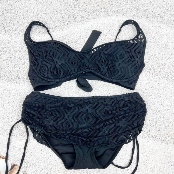 BECCA by Rebecca Virtue Black Crochet Bikini Set Size S High-Waisted - Picture 1 of 9